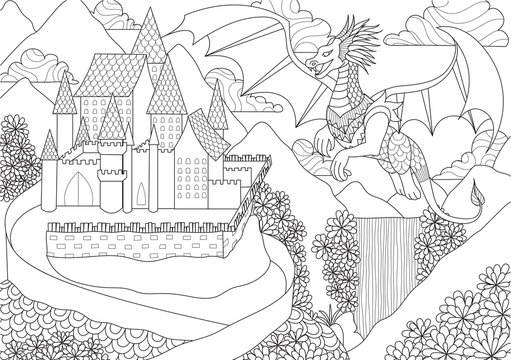 Dragon flying above beautiful castle for adult coloring book page