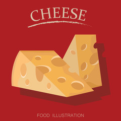 Pieces of cheese  on the red background flat style realistic vector illustration.