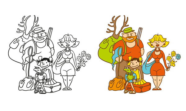 Vector coloring humorous caricature characters. Family from three persons - mother, father, daughter. Mom with flowers, the hunter a backpack dad, girl