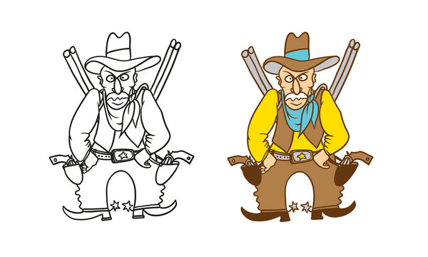 Vector coloring humorous caricature character. Angry armed Sheriff cowboy with revolvers, rifles and a hat.
