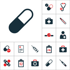 pill icon black on white background, medical tools set on white background