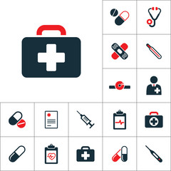 briefcase icon, medical signs set on white background
