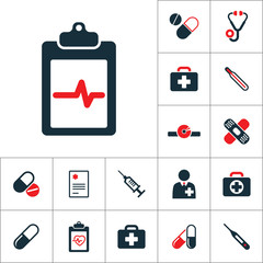 cardiology wave monitor report blank icon, medical signs set on white background