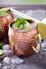 Moscow mule cocktail with lime and cucumber