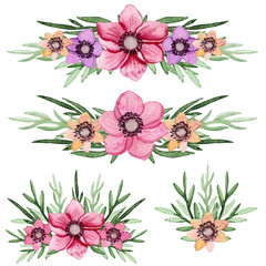 Set of Watercolor Bouquets with Yellow, Pink and Violet Flowers