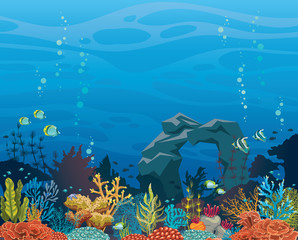 Coral reef with fish and arch. Underwater sea.