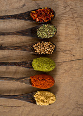 different spices in wooden spoons