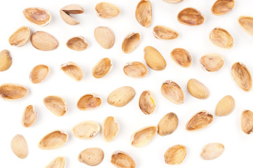Pistachio shells on white background