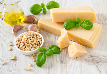 pesto ingredients on wooden surface