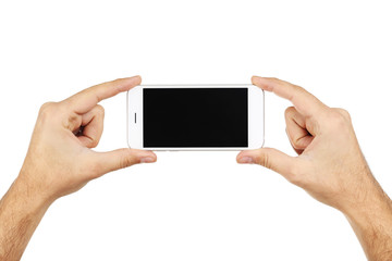 Male hands holding smartphone on white background