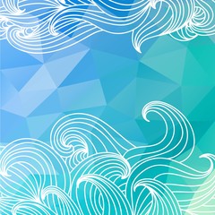 Fototapeta na wymiar Abstract geometric polygonal blue colorful background with hand drawn doodle curly waves. Vector illustration.