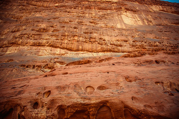 closeup amazing red rock in desert of Wadi Rum. Petra. Jordan