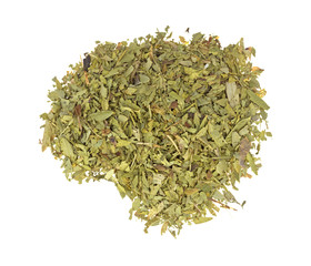 Cut and sifted dried senna leaf isolated on a white background top view.