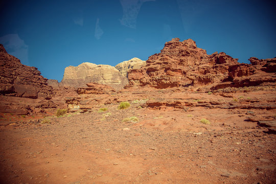 amazing red rock in desert of Wadi Rum. Petra. Jordan