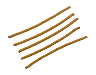 Salted whole wheat bretzel sticks isolated on a white background top view.