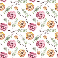 Seamless Pattern of Watercolor Branches, Pink and Yellow Roses