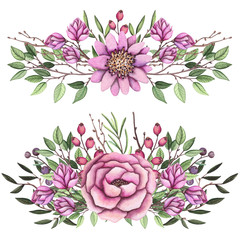 Watercolor Bouquets with Berries, Pink Flowers and Green Leaves