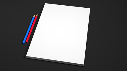 White A4 paper sheets with two pencils on black background. High resolution 3d render. Personal branding mockup template. Soft shadow.