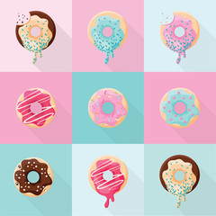Set of  different sweet cute and bright donuts icons isolated on pink anad blue background. Flat design dessert