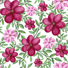 Seamless Pattern of Watercolor Pink Flowers and Leaves