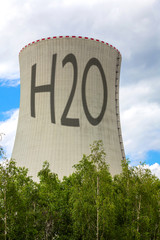 Cooling tower of nuclear power plant with the inscription H2O 
