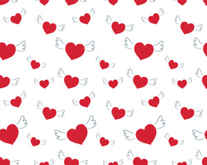 Seamless festive pattern of hearts. Background for Valentine's Day. Hearts with wings. Flying hearts