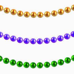 Abstract Vector Background with Hanging Christmas Garlands purple, gold, green beads Set for Celebratory Design, Xmas Holiday greeting card design. Mardi gras decorations.
