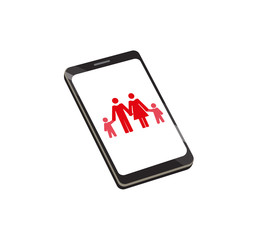 Flat vector image of a smartphone with a family on the screen