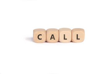 isolated natural wooden dices with CALL text