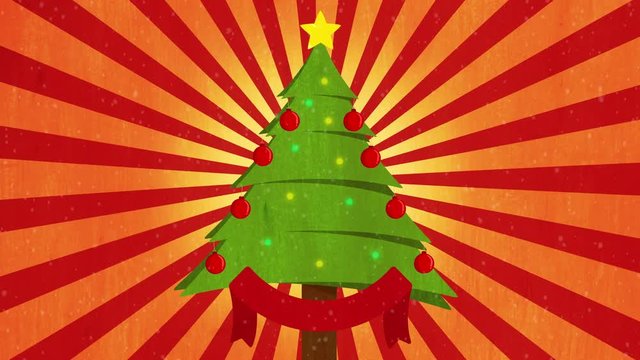 cute cartoon christmas tree over red background with sunburst rotation. Christmas Background with space for your logo or text. christmas and new year greeting card animation.