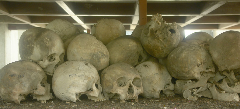 A commemorative stupa filled with the skulls of the victims at the Killing Field of Choeung Ek.