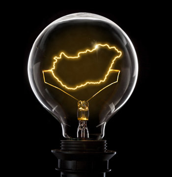 Lightbulb with a glowing wire in the shape of Hungary (series)