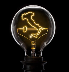 Lightbulb with a glowing wire in the shape of Italy (series)