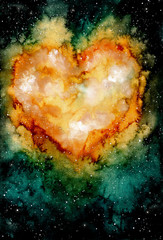 Watercolor Yellow Heart Nebula and Starry Sky