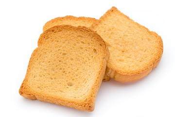 Slices of toast bread on wooden table, top view.