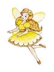 Little Cute Magic Fairy. Cute Girl in Light Dress. Watercolor illustration. Kids clipart