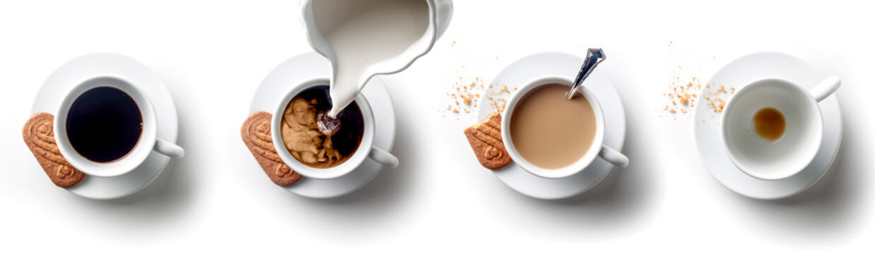 Fototapeta Sequence of coffee with milk with spoon and biscuit over a white backgroud