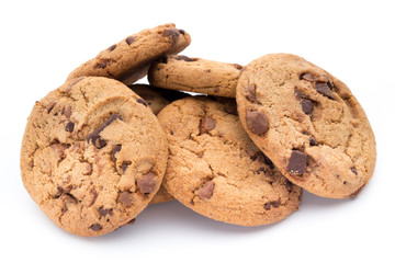 Chocolate chip cookies isolated on white background.
