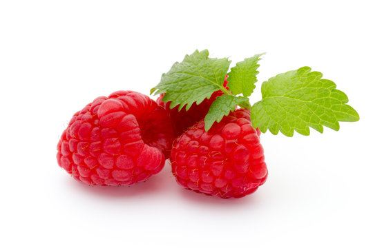 Ripe raspberry with leaf isolated on the white background.