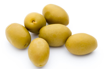 Green big olives on the white background.