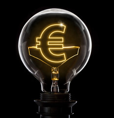 Lightbulb with a glowing wire in the shape of an Euro symbol 