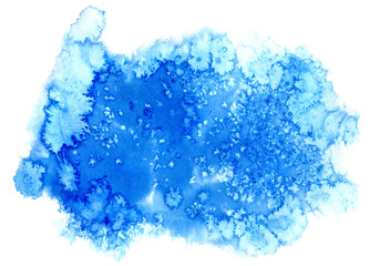 Blue watery illustration. Abstract watercolor hand drawn image.Wet splash.White background.