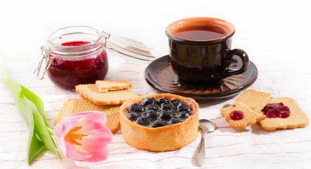 Breakfast with bilberry cake.