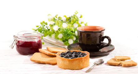 Breakfast with bilberry cake.
