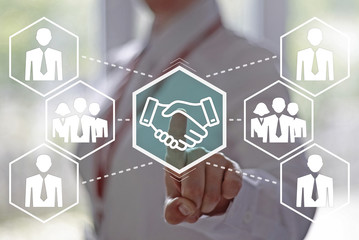 Business, finance, technology and internet concept - businesswoman pressing handshake button on virtual screens. Conclusion of the transaction of business. Business community. Designed style hexagon.