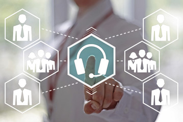 Businesswoman select employee human resource system. Business-lady with headphones. Technology, internet and networking concept - businesswoman pressing service button on virtual screens.