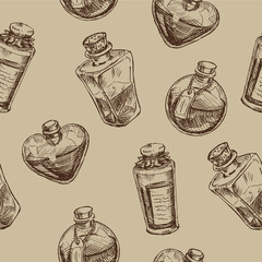 Seamless pattern with magic glass flasks. Science potions doodle style sketch. Alchemy and wonderful science.