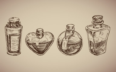 Vector seamless pattern with glass flasks. Magic potions: tubes and bottles. Ink on aged paper. Titled illustration. Science lab doodle style sketch, Magical elements. Alchemy and vintage science.