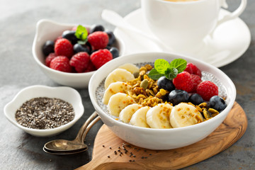 Vanilla chia pudding in a bowl with fresh fruit