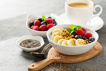 Vanilla chia pudding in a bowl with fresh fruit